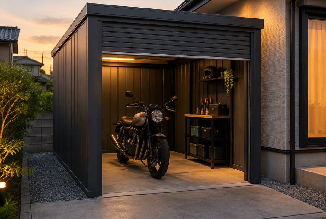 住宅の横に置いた黒いバイクガレージ