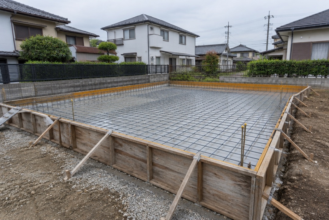 スチールガレージ用に配筋した土間コンクリートの基礎工事
