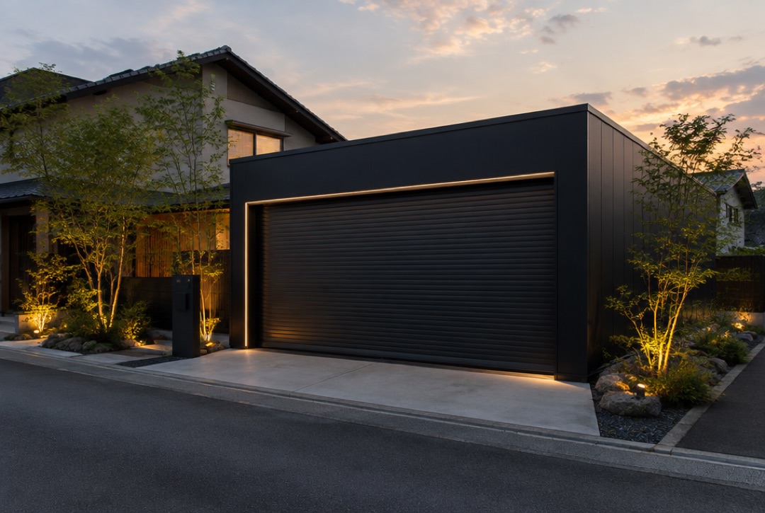夕暮れの住宅街に建つ黒いシャッターガレージ