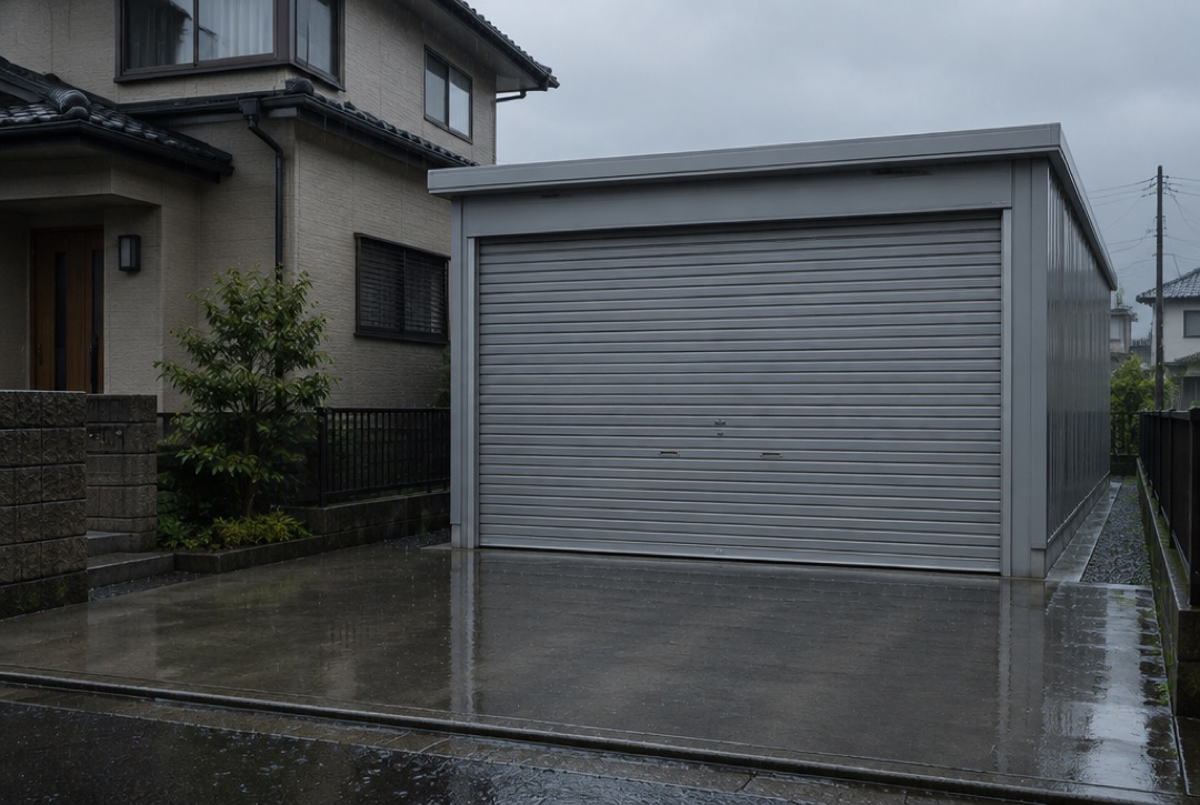 雨の日にシャッターを閉めたスチールガレージ