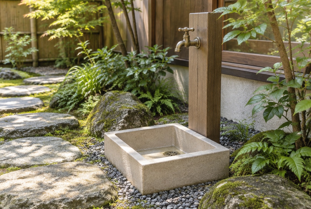 木目調の角形立水栓とコンクリートの角形パンがある和風の庭