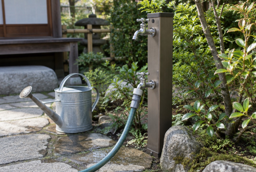 2口の立水栓の下の蛇口に散水ホースをつないだ庭