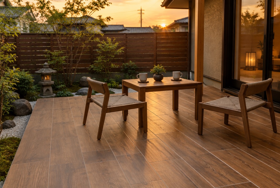 木目調タイルのデッキにテーブルとチェアを置いた夕暮れの庭