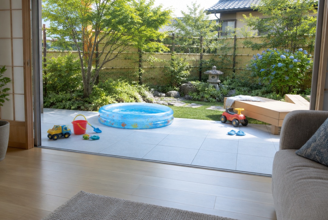 明るいグレーのタイルデッキにビニールプールとおもちゃを置いた夏の庭