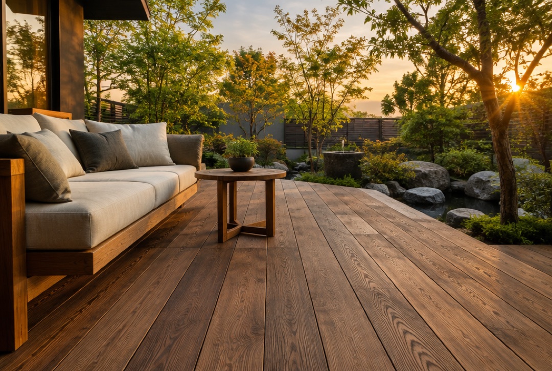 木目の凹凸がある木調デッキにソファを置いた夕暮れの庭