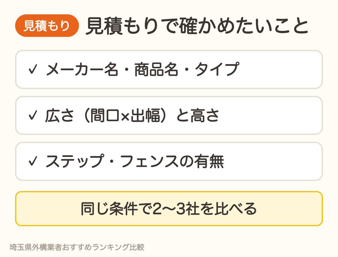 ウッドデッキの見積もりで確かめたいこと。メーカー名・商品名・タイプ、広さと高さ、ステップ・フェンスの有無
