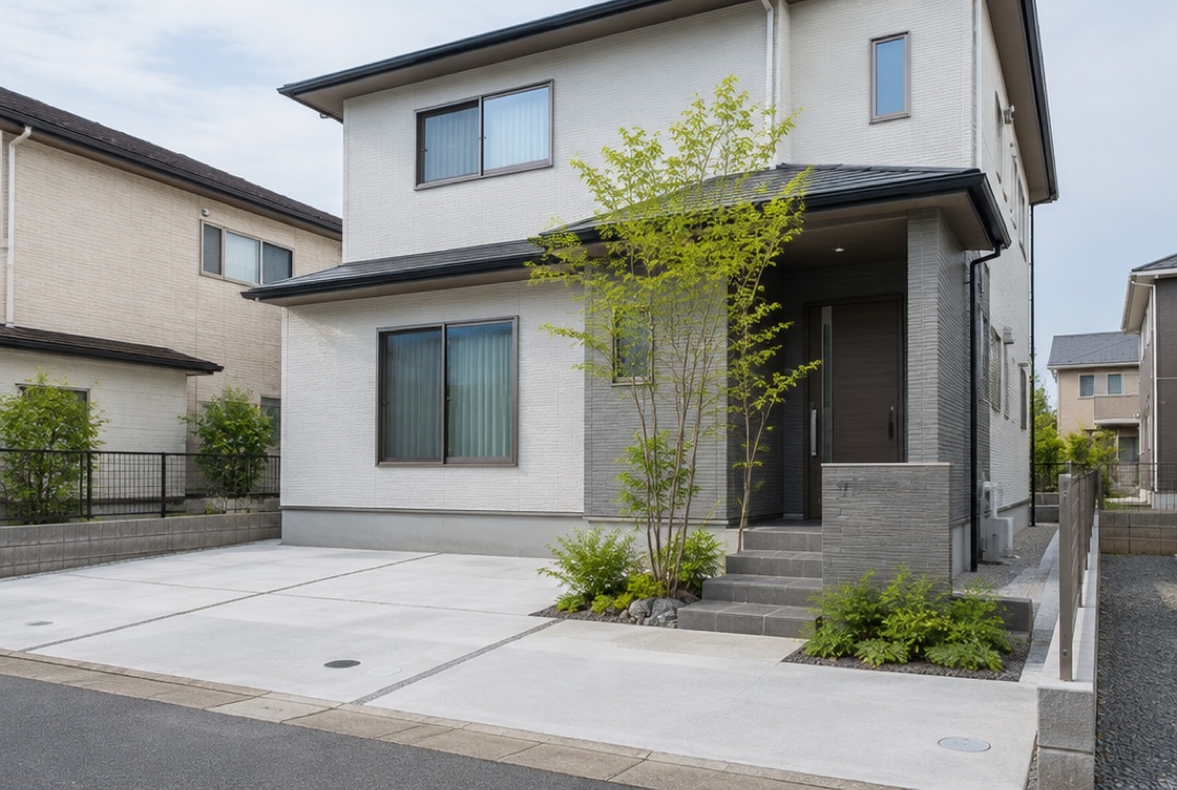 新築住宅の玄関横に植えた株立ちのシンボルツリーと足元の低木