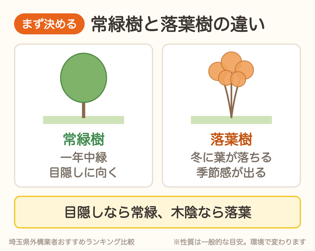 常緑樹は一年中緑で目隠し向き、落葉樹は冬に葉が落ちて季節感が出る