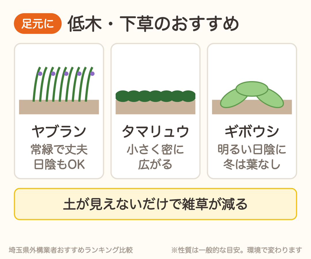 足元におすすめの下草。ヤブラン、タマリュウ、ギボウシ