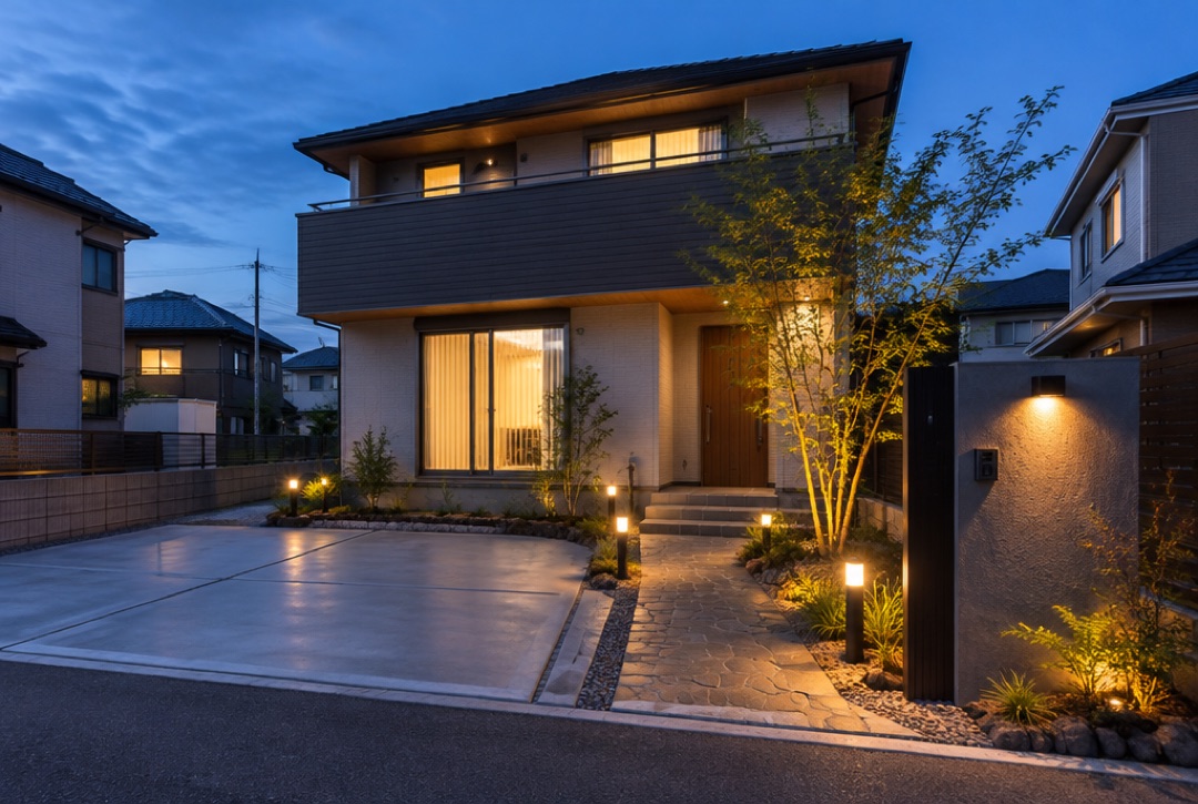 夕暮れの新築住宅。アプローチのポールライトと門柱の照明、シンボルツリーのライトアップ
