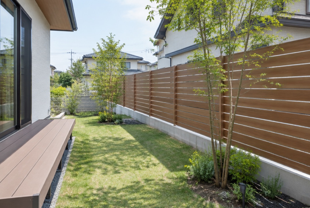 住宅の横庭に設置された木目調の横板目隠しフェンス