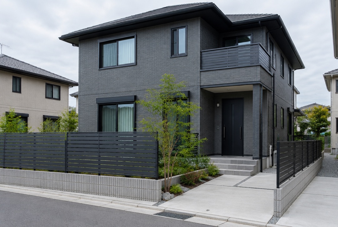窓サッシと色をそろえたグレーの横板目隠しフェンスがある住宅