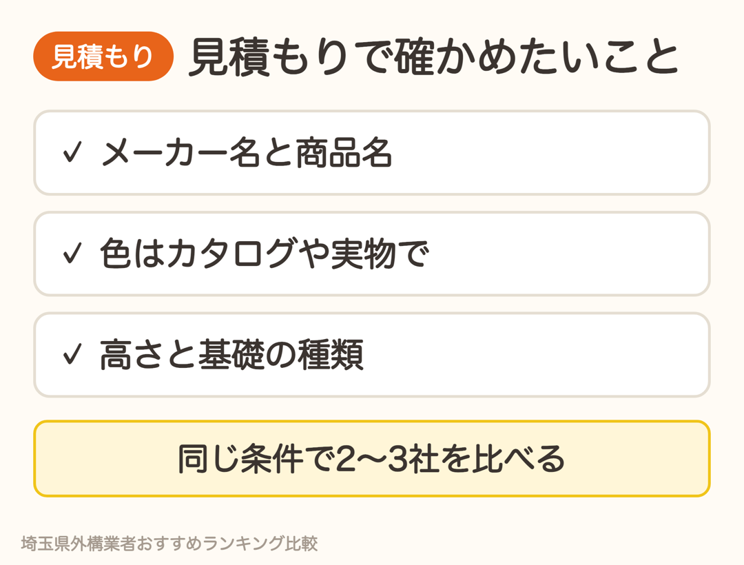 目隠しフェンスの見積もりで確かめたいこと。メーカー名と商品名、色はカタログや実物で、高さと基礎の種類