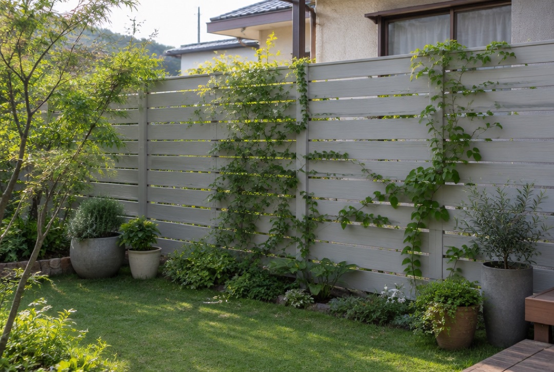 つる植物と鉢植えでやわらかく見せた明るい色の目隠しフェンス