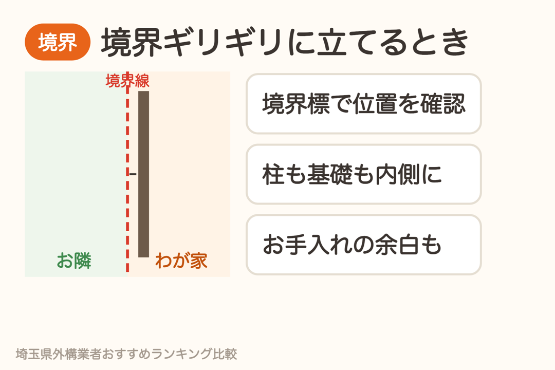 境界線ギリギリに目隠しフェンスを立てるときは境界標で位置を確認し、柱も基礎も内側にする