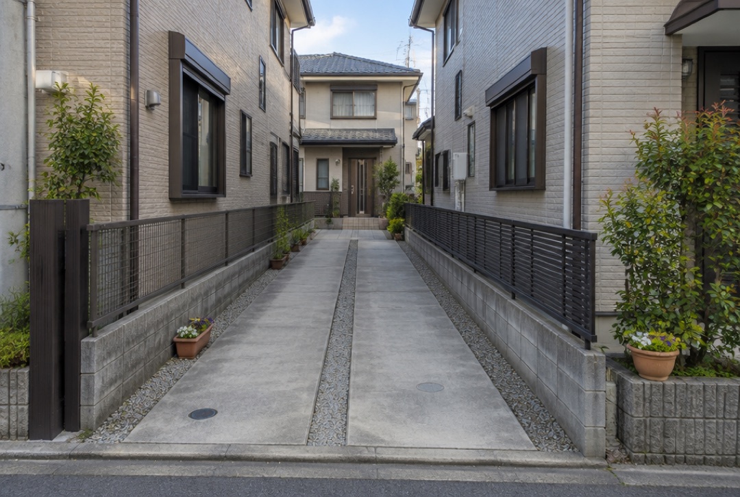 隣家の間を通る細長いコンクリートの通路の奥に家がある旗竿地