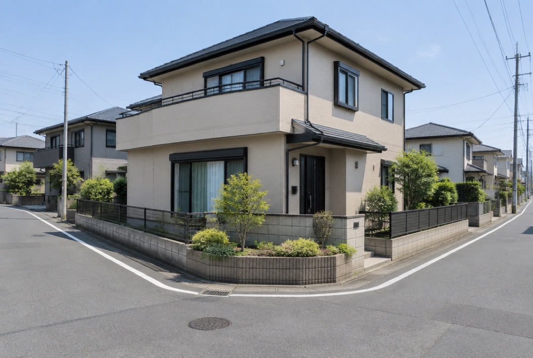 交差点の角にある住宅。角は低い植栽で見通しをよくしている