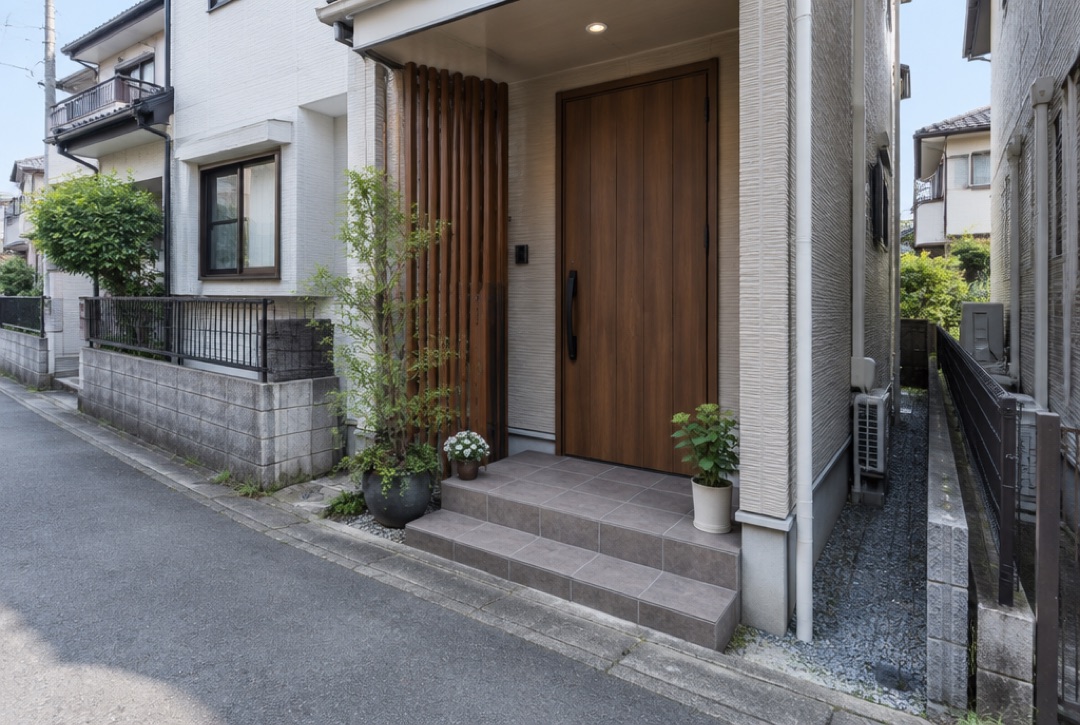 玄関ドアのすぐ前が道路になっている住宅。横に縦格子の目隠しがある