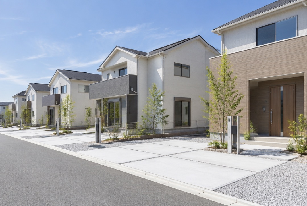 外構が最低限の新築建売住宅が並ぶ分譲地