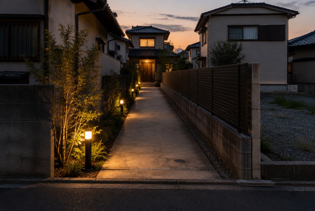 夕方、足元の照明がともる旗竿地の長い通路