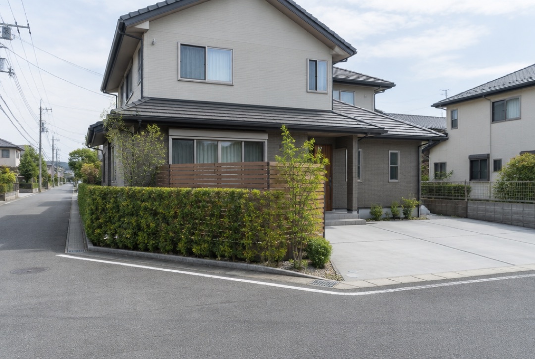 角地の住宅。リビング前だけ木目調の目隠しと生垣で、駐車場はオープン
