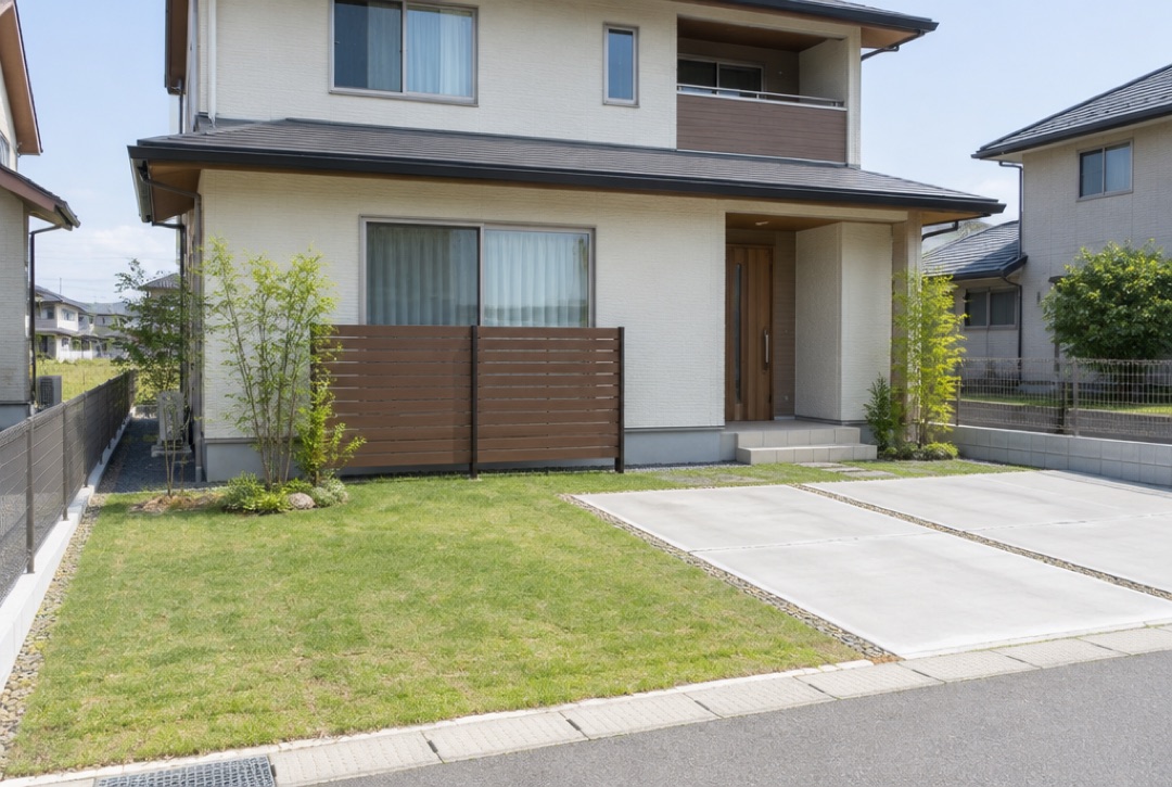 リビングの前だけ木目調の目隠しフェンスを立てた住宅