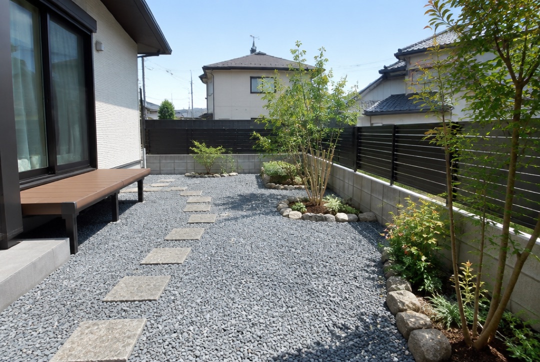 防草シートの上にグレーの砂利と飛び石を敷いた住宅の庭