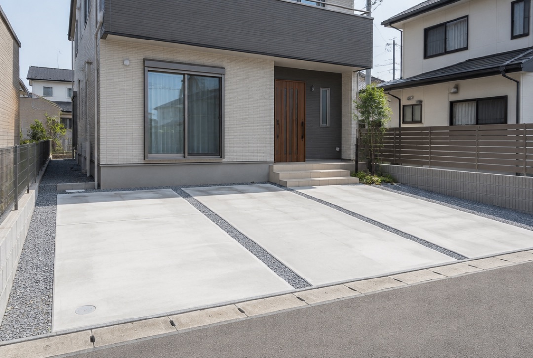 住宅の駐車場に打った土間コンクリートと砂利のスリット