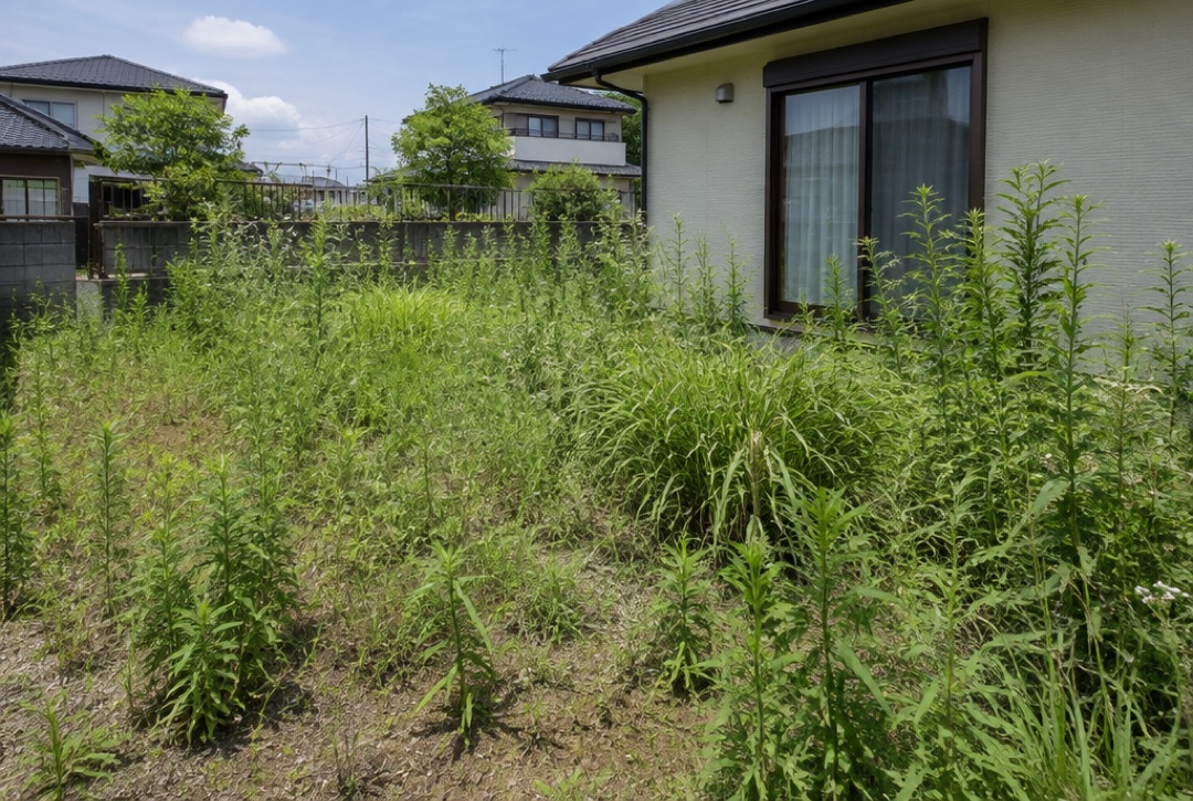夏に雑草が伸びた住宅の庭