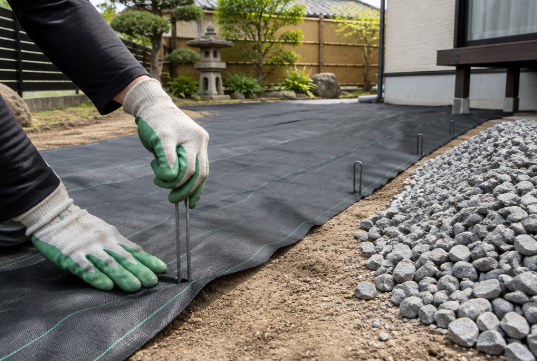 整地した地面に防草シートをピンで固定し砂利を敷く作業